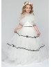 Ivory Black Stripe Ruffle Tulle Illusion Pearl Buttons Back Flower Girl Dress